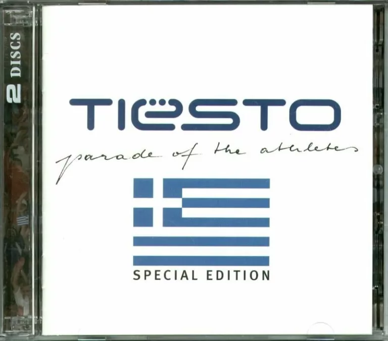 Pochette de l'album "Parade of the Athletes" de Tiësto, édition spéciale, avec des motifs bleus représentant le drapeau grec.