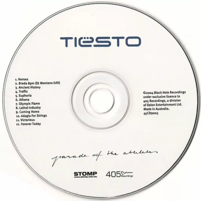 CD de l'album "Parade of the Athletes" de Tiësto, listant 12 titres, dont "Heroes", "Traffic" et "Adagio For Strings".