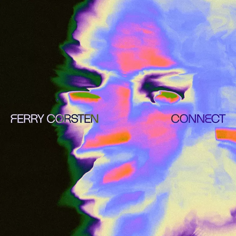 Pochette de l'album "Connect" de Ferry Corsten avec des couleurs psychédéliques, représentant un visage abstrait en nuances de violet, rose et vert.